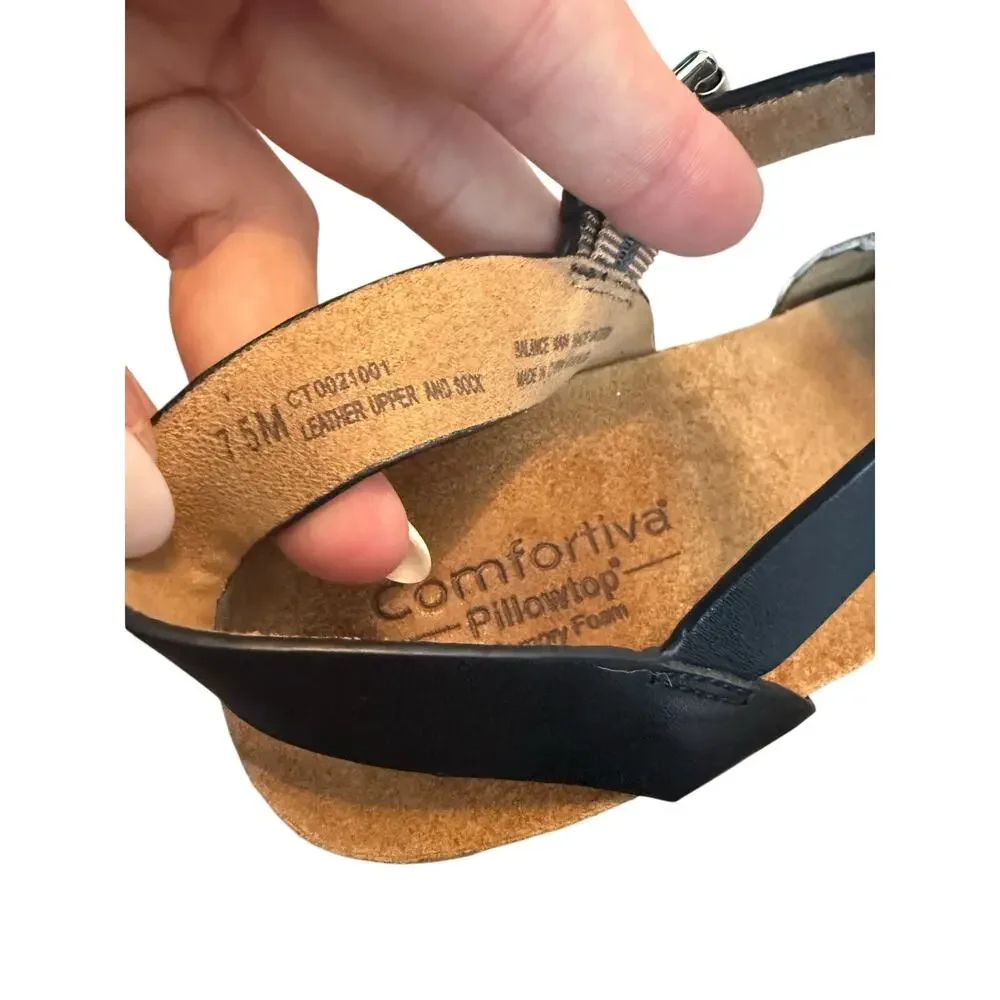 Comfortiva Eshana Wedge Sandals Gray Woven Leather Black Ankle Strap Size 7.5